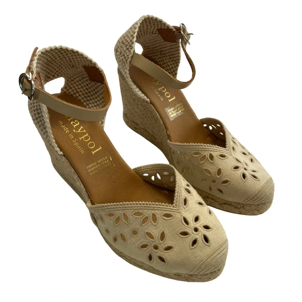 Maypol Beige Eyelet Canvas Espadrille Wedge Sandals Made in Spain Size 38 US 7.5